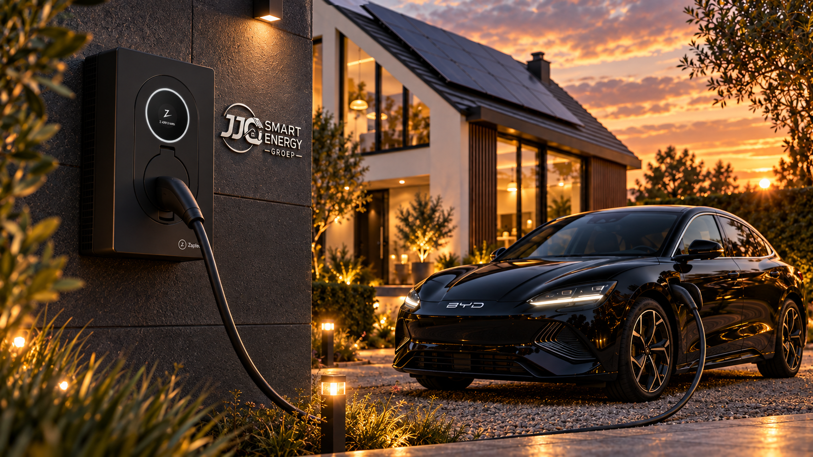 J.J.C. laadpaal voor elektrische auto bij woning met zonnepanelen en thuisbatterij